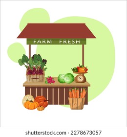 Vegetable shop greengrocery stand. Vector illustration in flat style