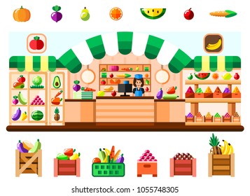Vegetable shop indoor with seller, showcase and refrigerator. Supermarket interior with goodies. Fruits and vegetables in basket, boxes and containers. Healthy eating and eco food. Flat illustration