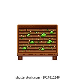 Vegetable shop pixel art. Cabbage in a wooden crate. Green headed cabbage, pixel art on white background. Vegetable stall. Showcase with vegetables waste. Vector illustration.  