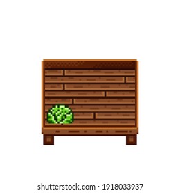 Vegetable shop pixel art. Cabbage in a wooden crate. Green headed cabbage, pixel art on white background. Vegetable stall. Showcase with vegetables waste. Vector illustration. 