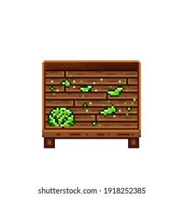 Vegetable shop pixel art. Cabbage in a wooden crate. Green headed cabbage, pixel art on white background. Vegetable stall. Showcase with vegetables waste. Vector illustration. 