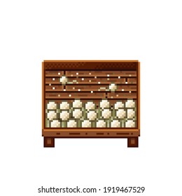Vegetable shop pixel art. Mushrooms in a wooden crate. Mushroom, pixel art food icon isolated on white background. Mushrooms stall. Showcase with vegetable waste. Vector illustration.