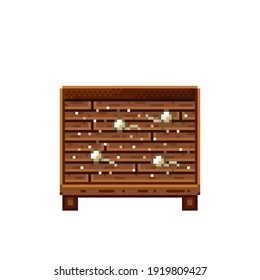 Vegetable shop pixel art. Mushrooms in a wooden crate. Mushrooms,  food pixel art icon isolated on white background. Mushroom stall. Showcase with vegetable waste. Vector illustration.