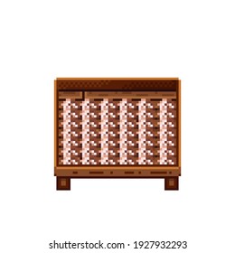 Vegetable shop pixel art. Mushrooms in a wooden crate. Mushrooms,  food pixel art icon isolated on white background. Mushroom stall. Showcase with vegetable waste. Vector illustration.