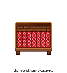 Vegetable shop pixel art. Mushrooms in a wooden crate. Mushrooms,  food pixel art icon isolated on white background. Mushroom stall. Showcase with vegetable waste. Vector illustration.