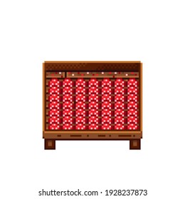 Vegetable shop pixel art. Mushrooms in a wooden crate. Mushrooms,  food pixel art icon isolated on white background. Mushroom stall. Showcase with vegetable waste. Vector illustration.