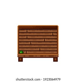 Pintura de píxel de tienda de verduras. Pisum sativum en una caja de madera. Pisum sativum, icono de arte de píxeles alimentarios aislado en fondo blanco. Pisum sativum stall. Muestra con residuos vegetales. Ilustración vectorial.
