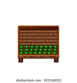 Vegetable shop pixel art. Pisum sativum in a wooden crate. Pisum sativum,  food pixel art icon isolated on white background. Pisum sativum stall. Showcase with vegetable waste. Vector illustration.