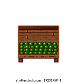 Vegetable shop pixel art. Pisum sativum in a wooden crate. Pisum sativum,  food pixel art icon isolated on white background. Pisum sativum stall. Showcase with vegetable waste. Vector illustration.