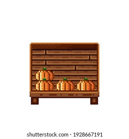 Pintura de píxel de tienda vegetal. Calabaza en una caja de madera. Calabazas, ícono de arte de píxeles de comida aislado en fondo blanco. Calabazas paradas. Muestra con residuos vegetales. Ilustración vectorial. Feliz Halloween.