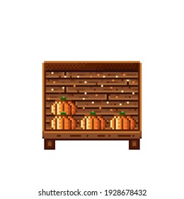 Vegetable shop pixel art. Pumpkin in a wooden crate. Pumpkins,  food pixel art icon isolated on white background. Pumpkins stall. Showcase with vegetable waste. Vector illustration. Happy Halloween.