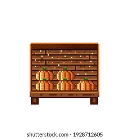 Pintura de píxel de tienda vegetal. Calabaza en una caja de madera. Calabazas, ícono de arte de píxeles de comida aislado en fondo blanco. Calabazas paradas. Muestra con residuos vegetales. Ilustración vectorial. Feliz Halloween.