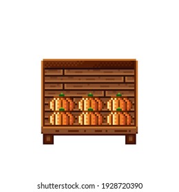 Vegetable shop pixel art. Pumpkin in a wooden crate. Pumpkins,  food pixel art icon isolated on white background. Pumpkins stall. Showcase with vegetable waste. Vector illustration. Happy Halloween.