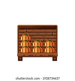 Vegetable shop pixel art. Pumpkin in a wooden crate. Pumpkins,  food pixel art icon isolated on white background. Pumpkins stall. Showcase with vegetables. Vector illustration. Happy Halloween.