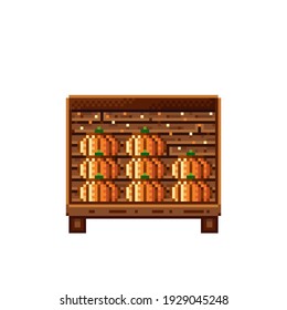 Vegetable shop pixel art. Pumpkin in a wooden crate. Pumpkins,  food pixel art icon isolated on white background. Pumpkins stall. Showcase with vegetables. Vector illustration. Happy Halloween.