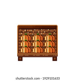 Vegetable shop pixel art. Pumpkin in a wooden crate. Pumpkins,  food pixel art icon isolated on white background. Pumpkins stall. Showcase with vegetables. Vector illustration. Happy Halloween.