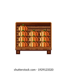 Vegetable shop pixel art. Pumpkin in a wooden crate. Pumpkins,  food pixel art icon isolated on white background. Pumpkins stall. Showcase with vegetables. Vector illustration. Happy Halloween.