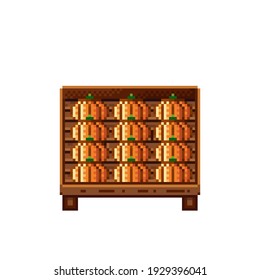 Gemüsehändler Pixelkunst. Kürbis in eine Holzkiste. Kürbis, Essenspixelkunst Symbol einzeln auf weißem Hintergrund. Kürbis stall. Showcase mit Gemüse. Vektorgrafik. Fröhliches Halloween.
