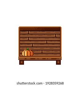 Vegetable shop pixel art. Pumpkins in a wooden crate. Pumpkins,  food pixel art icon isolated on white background. Pumpkins stall. Showcase with vegetable waste. Vector illustration. Happy Halloween.