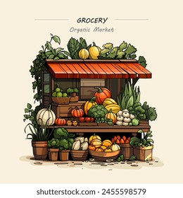 vegetable shop vector illustration, autumn, seasonal vegetables, harvest, grocery, organic products, farm, vegetable market, healthy foods, vitamins, greens, pumpkins, cabbage, flat, broccoli