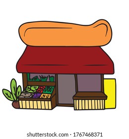 Vegetable shop vector illustration front view with roof. Modern. Facade of the house with doors and Windows