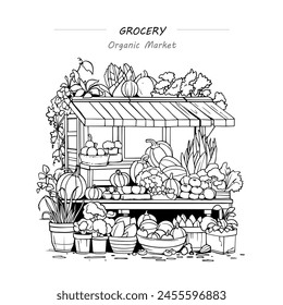 ilustración de contorno de Vector de tienda de verduras, libro para colorear, otoño, verduras de temporada, cosecha, supermercado, productos orgánicos, granja, mercado de verduras, alimentos saludables, vitaminas, verduras, calabazas, col, 