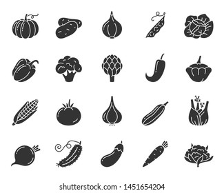 Vegetable silhouette icons set. Food symbol, simple shape pictogram collection. Vegetarian design element. Pumpkin, potato, corn, pea flat black sign Isolated on white icon concept vector illustration