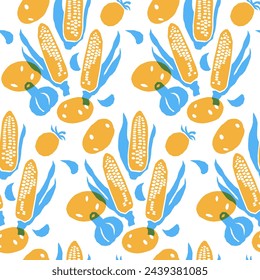 Siluetas vegetales abstracto patrón sin fisuras. Cosecha maíz, papas, tomates. Un estampado psicodélico brillante con efecto risografo.