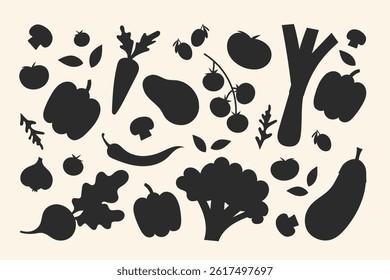 Vegetable silhouettes set – Hand drawn black icons for menus, posters, labels, stickers, packaging design