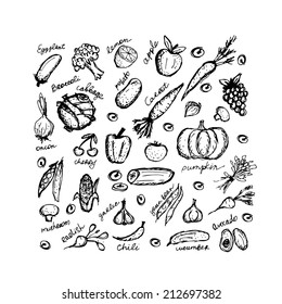 Vegetable sketch frame for your design. Vector illustration