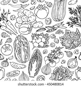 Vegetable sketchy seamless pattern. Black and white doodle vector food background