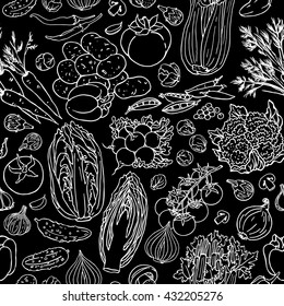 Vegetable sketchy seamless pattern on chalkboard. Black and white hand drown background 