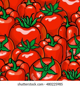 Vegetable sketchy vector seamless pattern with tomatoes, pepper. Red and green colors background