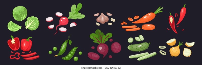 Vegetable slice. Onion, carrot, pepper and cucumber. Chili and garlic. Icon vegetables farm cooking. Agriculture vegan, healthy food, vegetarian salad cutting. Vector cartoon tidy flat isolated set