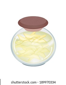 Vegetable, Sliced of Pickled Bamboo Shoots in Brine of Water and Salt in Glass Jar Isolated on White Background. 