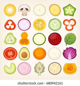 Vegetable slices illustrations. Vector vegetables cut in halves.
Circle shaped healthy food cuts.