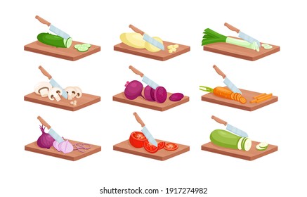 Vegetable slices with kitchen knife isometric vector illustration set. Cartoon 3d fresh raw sliced vegetables on wooden board for cooking, cucumber, potatoes, onions, carrots, tomato isolated on white