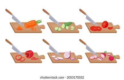 Vegetable slices on kitchen board set. Fresh food cut and shredded knife cuts ripe peppers and avocados appetizing tomato and eggplant vitamin vegetarian salads. Health vector eating.