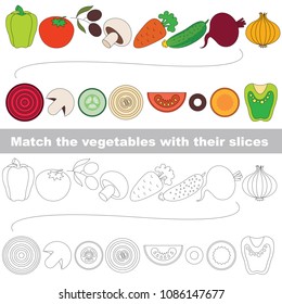 Vegetable slices set to find the appropriate couple of objects, to compare and connect objects and their relevant pairs, the matching educational kid game with simple gaming level for preschool kids.