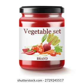 Smoothie vegetal ou molho borscht feito de cenouras, beterrabas, cebolas e tomates em frasco de vidro. Ilustração vetorial 3d realista. Frasco de vidro com beterraba preservada. Rótulo de alimento orgânico natural.