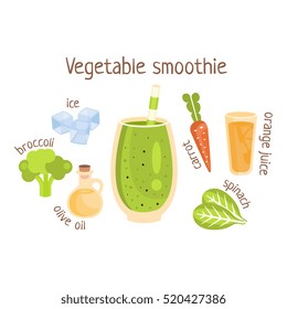 Vegetable Smoothie Infographic Recipe With Needed Ingredients And Finished Mixed Non-Alcoholic Cocktail Drink In The Middle Cartoon Vector Illustration.