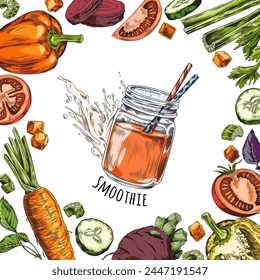 Vegetable smoothie poster featuring a central jar surrounded by an assortment of vegetables. Ideal for vector images of flyers or postcards promoting healthy drinks.