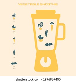 Vegetable smoothie. Smoothie recipe. Image of ingredients for making a smoothie and blender. Vector infographics.