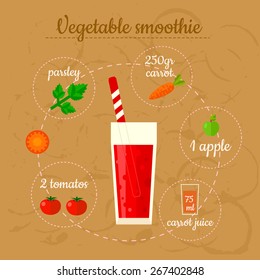 Vegetable smoothie recipe. Menu element for cafe or restaurant with energetic fresh drink. Fresh juice for healthy life.