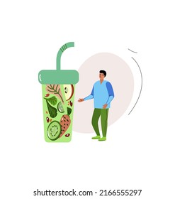 Suavizado vegetal, hombre joven eligiendo la dieta correcta, concepto de vegetarianismo escogido, dibujos animados de ilustración vectorial plana.