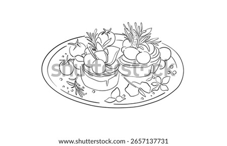 Vegetable snacks on plate, continious line drawing. Vegetable salad outline. Vector illustration
