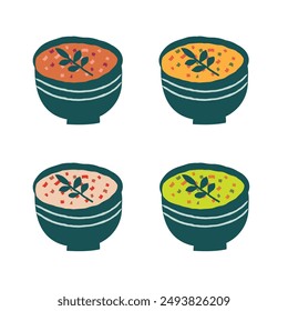 Vegetable soup bowl set. Carrot, pumpkin, tomatoes and vegetable soup isolated white background. Hand drawn flat illustration. - Vector