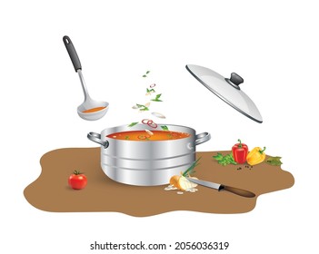 Vegetable soup, broth, stew in a saucepan with a ladle to taste or pour and vegetables to cook nearby. Vector realistic illustration isolated on white background. 