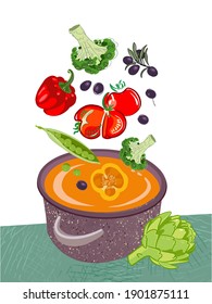Vegetable soup cooked in a saucepan, pumpkin soup, gazpacho, minestrone, Italian, Spanish, Mediterranean. Vector illustration.