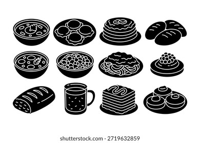 Sopa de verduras, dim sum, panqueque con mantequilla, bollos, ensalada de frijoles, pasta al curry, waffle con bayas, pan de pan, chocolate helado, lasaña, dona con diseño de elemento de icono de silueta de crema establecido para restaurante